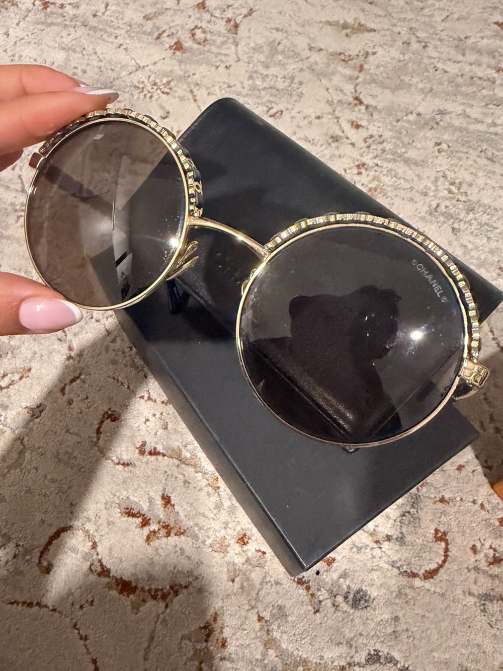 CHANEL Gold and Black Round Sunglasses